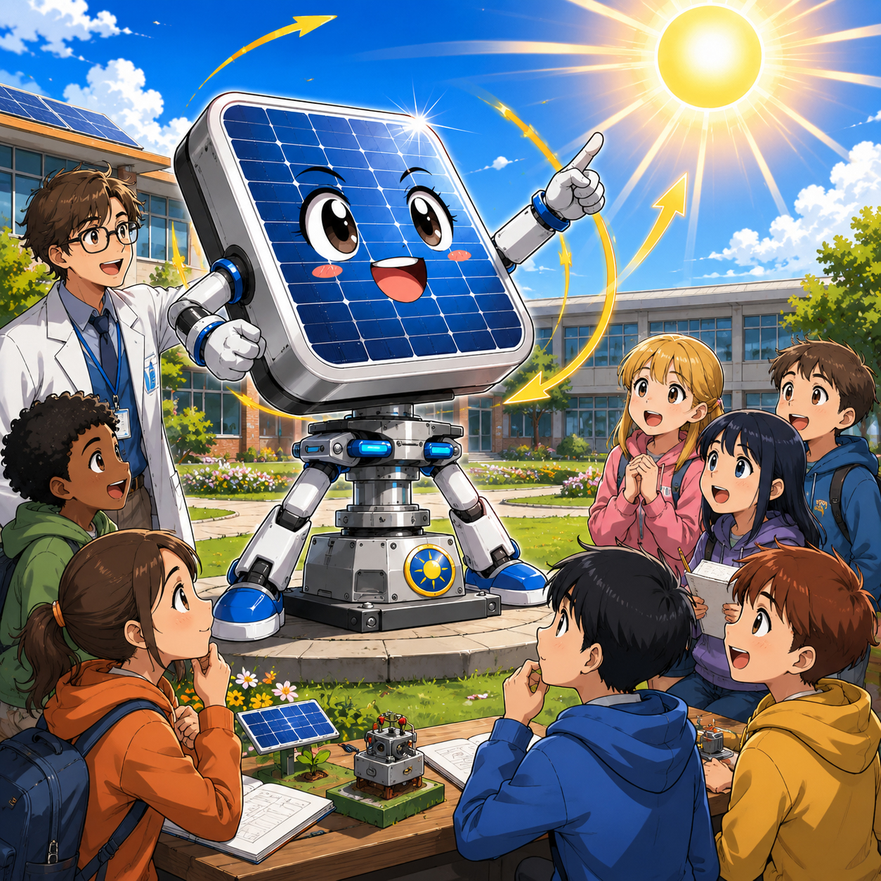 Students learning from a solar tracking pod